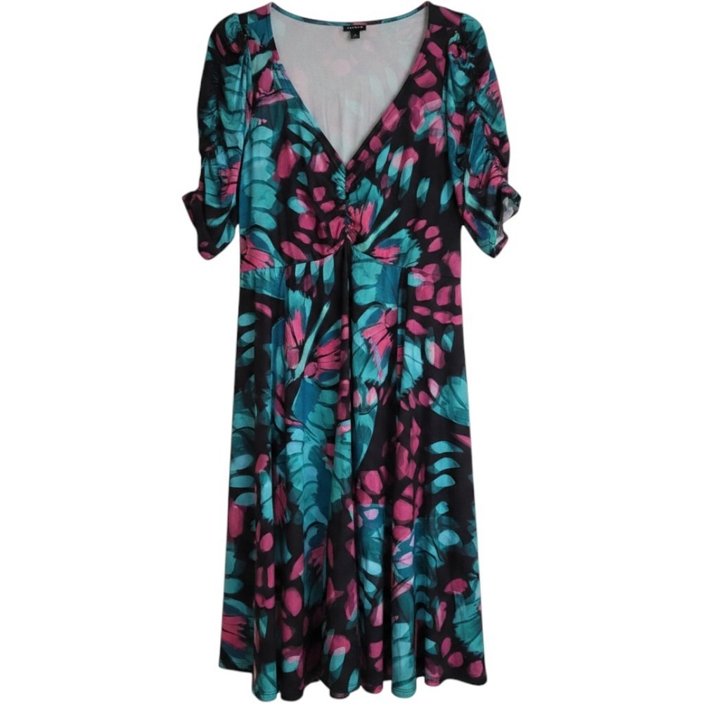 Torrid Abstract Floral V-Neck Ruched Flare Dress Plus Size 3X Fall Wedding Guest